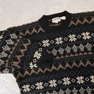 Asher Men’s Size Medium Vintage Wool Sweater Snowflakes Brown Black White Chunky